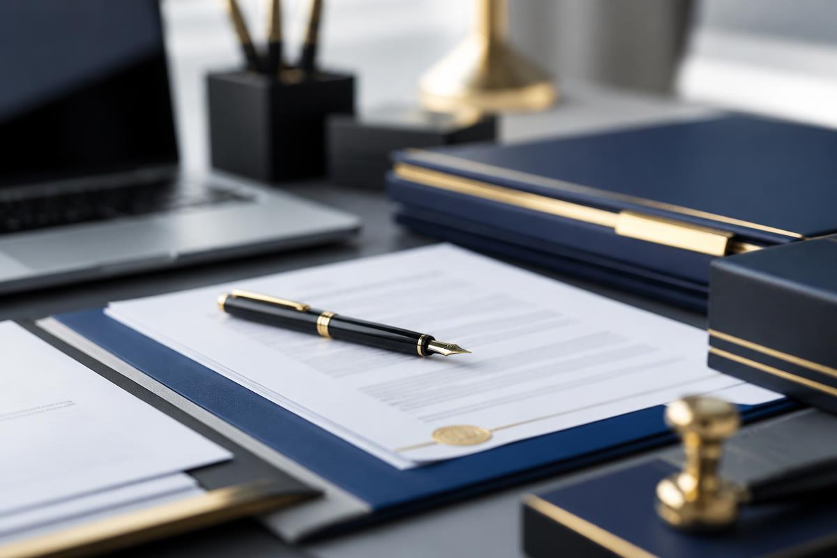 Documentos societários e contratos organizados sobre mesa de escritório