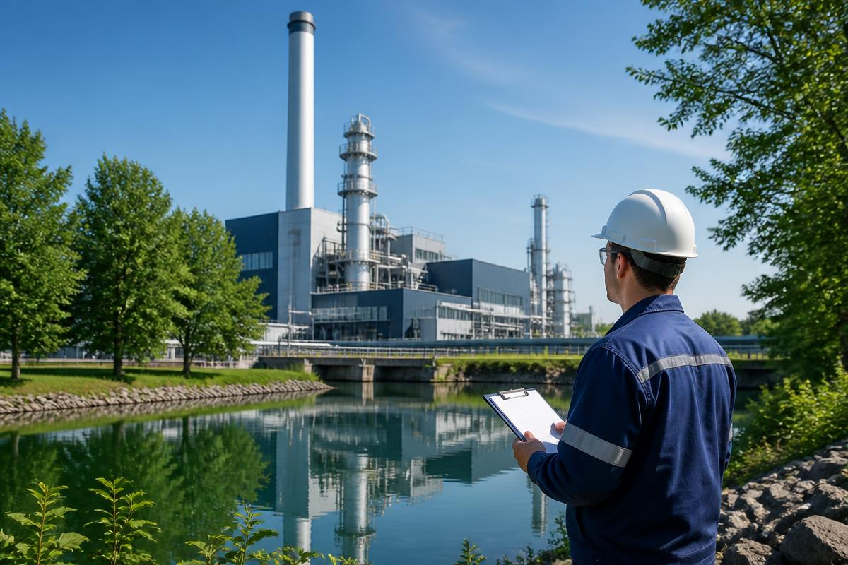 Técnico ambiental realizando vistoria em planta industrial às margens de um rio