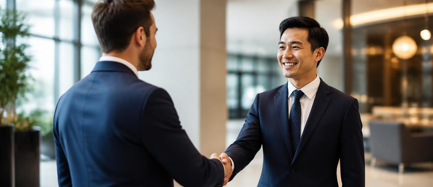 Aperto de mãos entre consultor e cliente em recepção corporativa